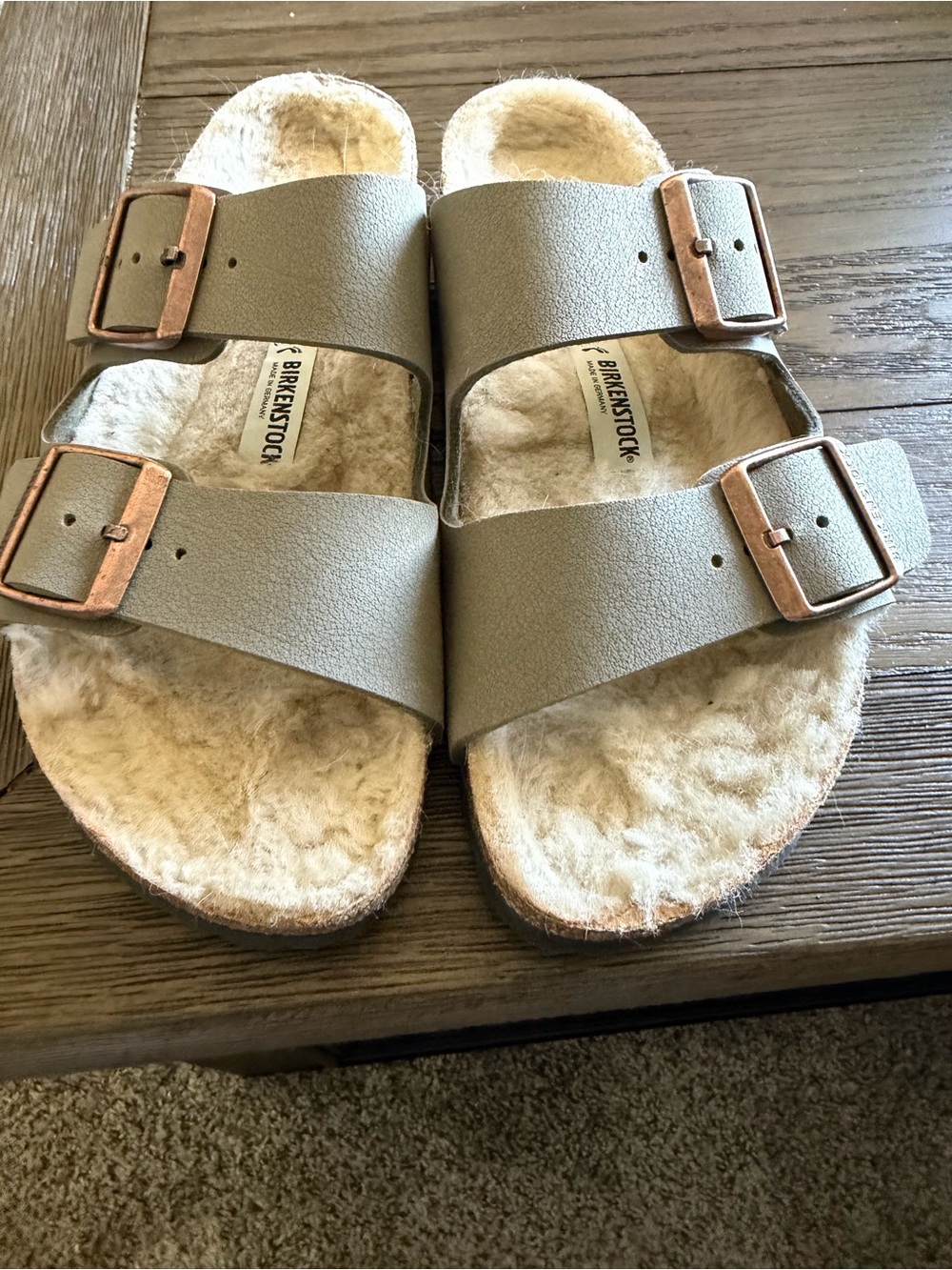Birkenstock women’s Shearling-Trim Two-Strap Sandals in Olive